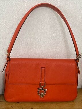 Salvatore Ferragamo Gancini Shoulder Leather Bag Deep Orange & Silver Hardware.